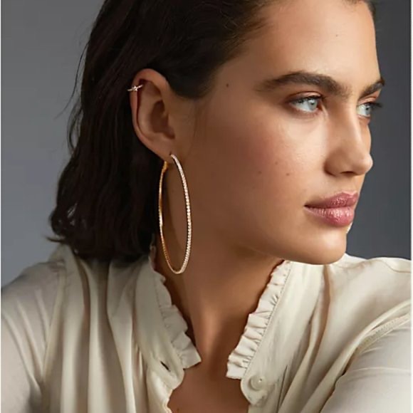 Anthropologie Large 3” Pave Gold Hoops - Picture 1 of 4